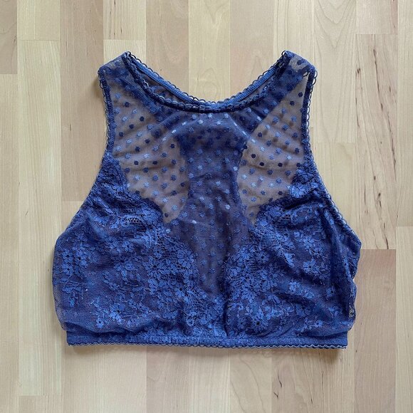 Victoria's Secret Blue Sheer Polka Dot Floral Mesh Racerback Bralette Bra sz Med - Picture 1 of 5